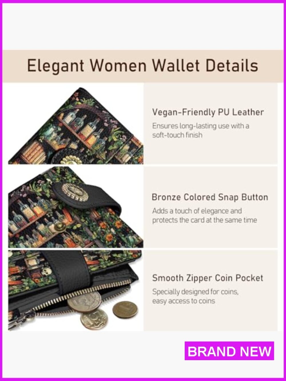 Gothic Bifold Wallet RFID Blocking Compact Travel Card Holder Zipper Coin Pocket - Picture 6 of 6